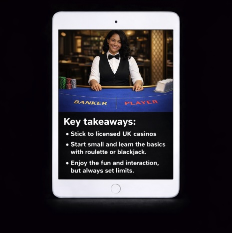 An image of a silver ipad on a black background, on the screen is a female host at a baccarat table with white text outlining KEY TAKEAWAYS from this blog