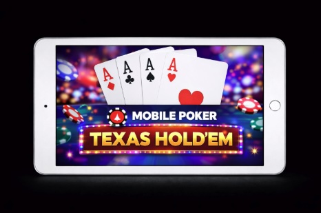 An image of a silver mobile phone on a black background, on the screen is a MOBILE POKER, TEXAS HOLD'EM image