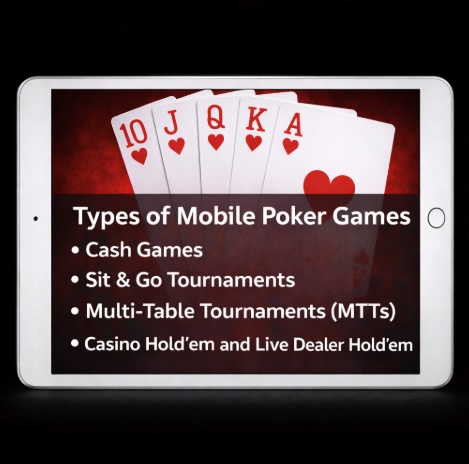 An image of a silver ipad on a black background, on the screen is a royal flush image and text outlining TYPES OF MOBILE POKER GAMES in bold white text