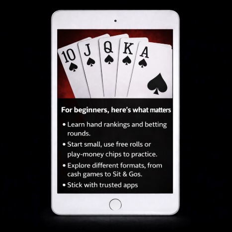 An image of a silver ipad on a black background, on the screen is a RoyaL Flush of cards with white text outliining FOR BEGINNERS. HERE'S WHAT MATTERS
