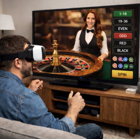An image of a man sitting in his lounge room using his VR headset to play Roulette online