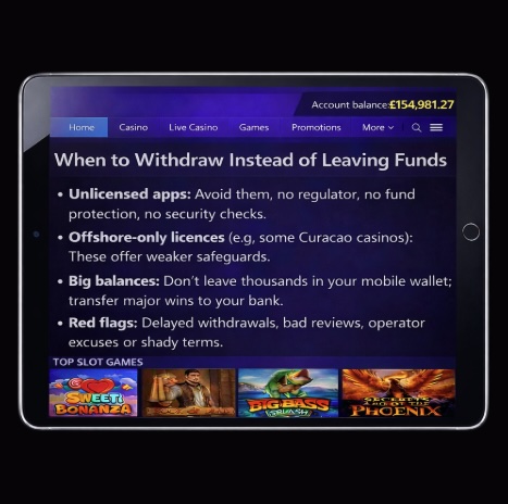 An image of a silver ipad on a black backgroundm on the screen is an online casino with white text oultining WHEN TO WITHDRAW INSTEAD OF LEAVING FUNDS