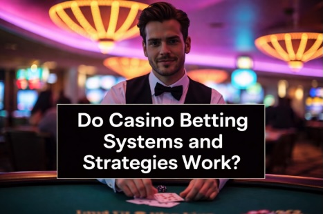 An image of a male croupier standing at a live dealer table in a casino with text across the centre saying DO CASINO BETTING SYSTEMS AND STRATEGIES WORK? in white bold text