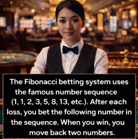 An image of a female croupier in a casino setting with white old text explaining the FIBONACCI betting system