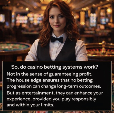 An image of a female croupier in a casino setting, in bold white text it outlines if CASINO BETTING STSYEMS WORK and why