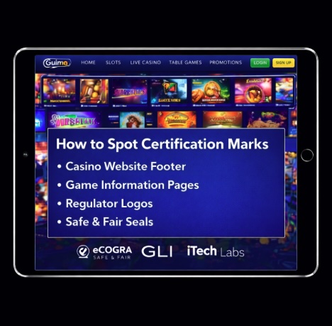 An image of a silver ipad on a black background, on the screen is an online casino homepage with bold, white text outlining HOW TO SPOT CERTIFICATION MARKS