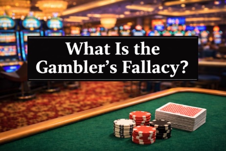 An image of a casino settingwith a black banner with bold white text saying WHAT IS THE GAMBLER\S FALLACY?