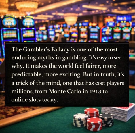 An image of a casino setting with a black banner across the centre explaining how THE GAMBLER'S FALLACY IS ONE OF THE MOST ENDURING MYTHS IN GAMBLING and why