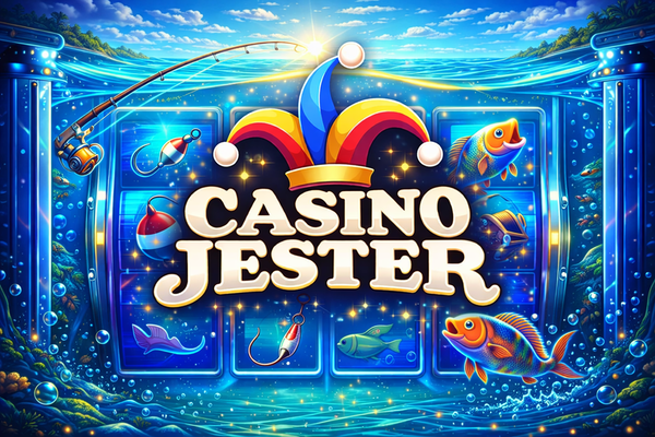 Casino Jester logo with bold white text on a black background, topped by a colourful jester hat in red, yellow, and blue.