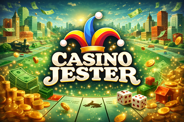 Casino Jester logo with bold white text on a black background, topped by a colourful jester hat in red, yellow, and blue.