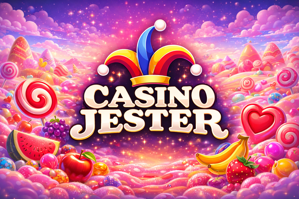 Casino Jester logo with bold white text on a black background, topped by a colourful jester hat in red, yellow, and blue.