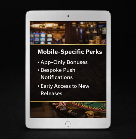An image of a silver ipad on a black background, on the screen white text outline MOBILE SPECIFIC PERKS