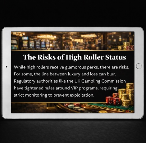 An image of a silver ipad on a black background, on the ipad is an online casino background with a banner across the centre outlining THE RISKS OF HIGH ROLLER STATUS in bold white text