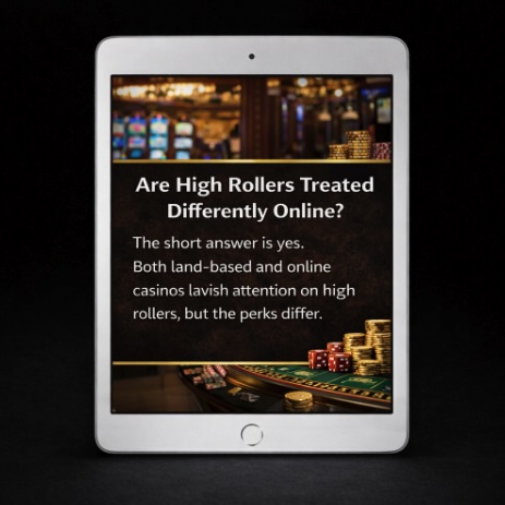 An image of a silver ipad on a black background, on the screen is an online casino background with a black banner and white text saying ARE HIGH ROLLERS TREATED DIFFERENTLY ONLINE? and the explanation