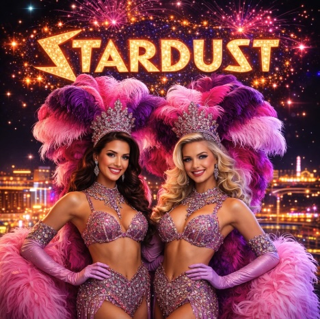An image of STARDUST styled Showgirls with pink and purple feathers with a Vegas style background