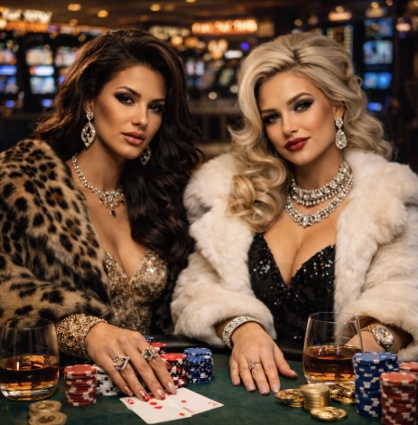An image of mob wives sitting at a live dealer table in a casino setting