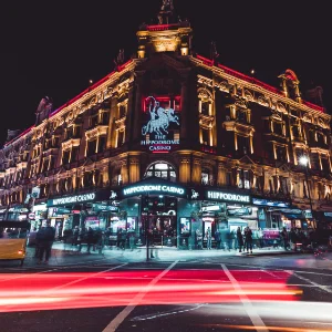 The outside of a London casino at night