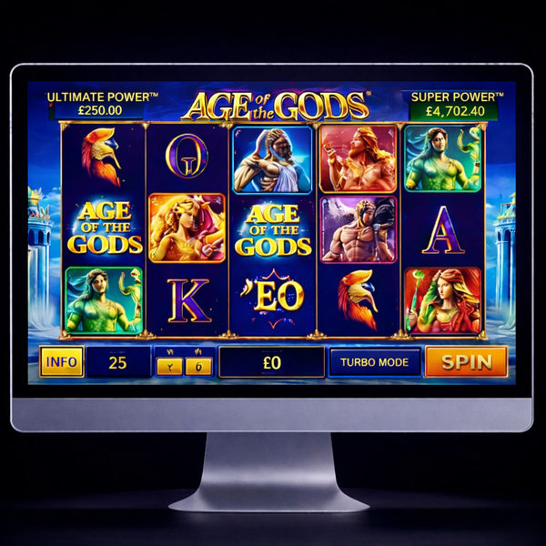 An image of a silver Mac monitor on a black background with an Age of the Gods in game image on the sscreen