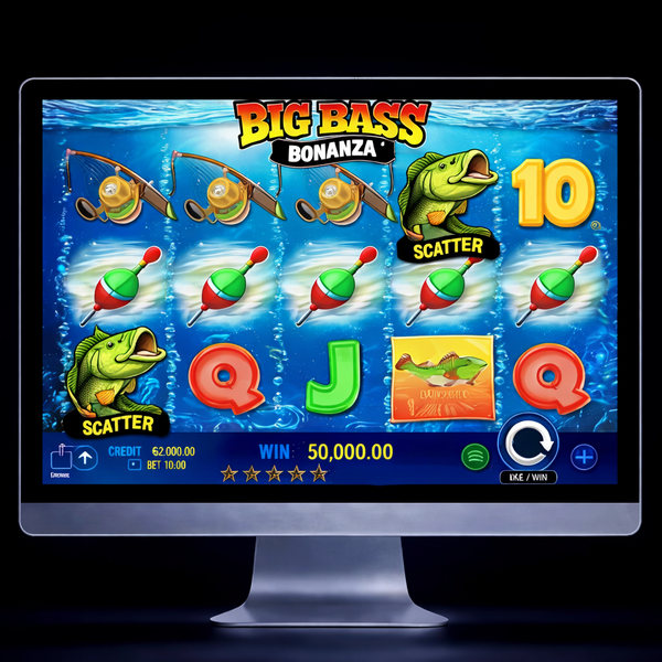 An image of a silver mac monitor on a black background with a Big Bass Bonanza image on the screen