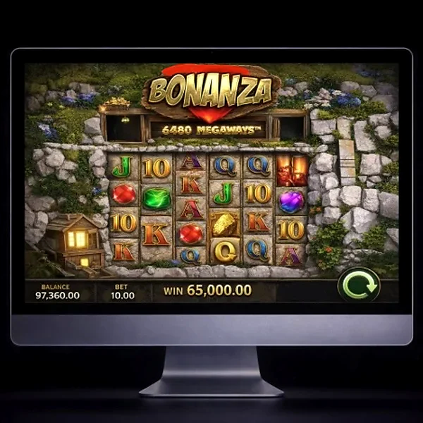 An image of a mac monitor with an onscreen image of the Bonanza Megaways online slot game