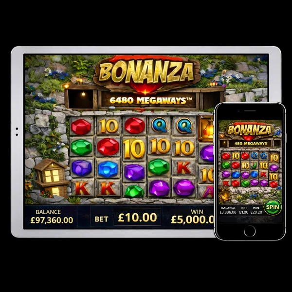 An image of an ipad and mobile on a black background, on both screens it shows ingame image of Bonanza Megaways online slot game