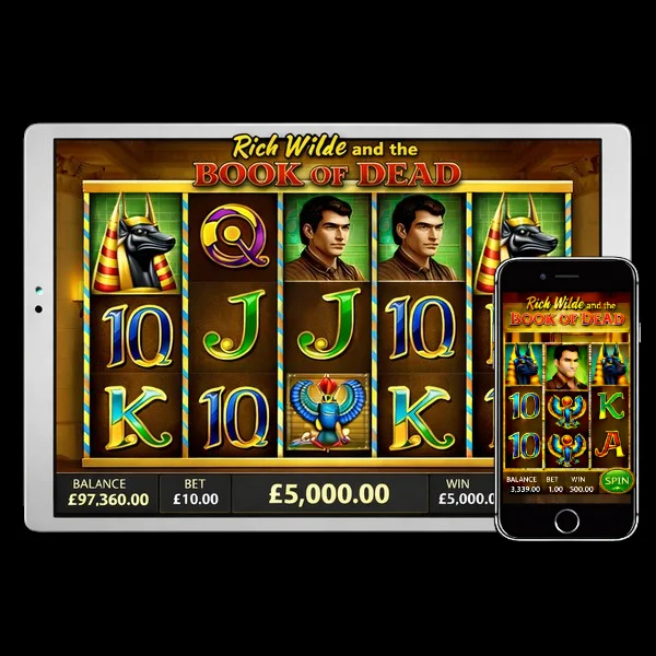 An image of a silver ipad and mobile phone on a black background with Book of Dead themed images on the screens