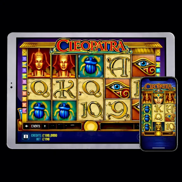 An image of a silver ipad and mobile phone on a black background, on both screens are images similar to onscreen game image for Cleopatra online slot game