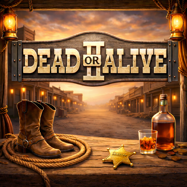 An image of a wild west setting with a dusty street fading off and a table with a rope, sheriff badge, bottle and glass of alcohol, boots and a sign saying DEAD  OR ALIVE II