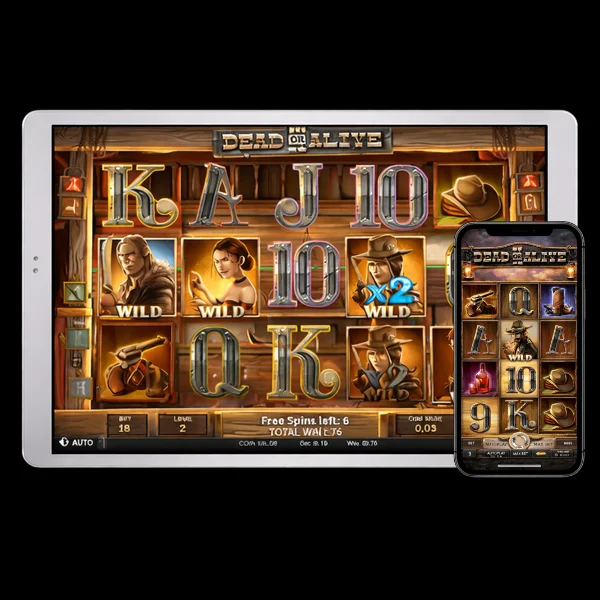 An image of a silver ipad and mobile phone on a black background, on the screens are images similar to online slot game DEAD OR ALIVE II