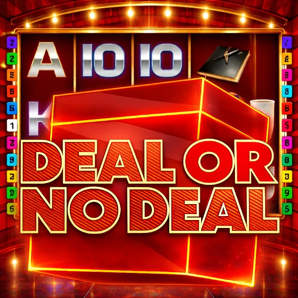 An image of a online slot background with bold text infront of a red box saying DEAL OR NO DEAL in bold red