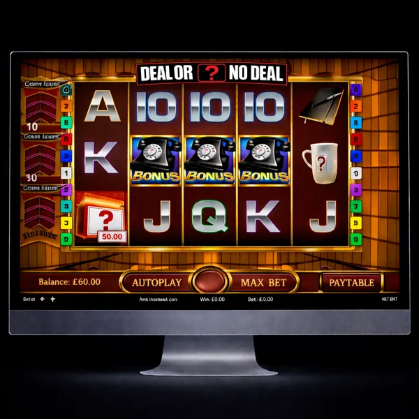 An image of a silver mac monitor with an onscreen image similar to DEAL OR NO DEAL online slot game