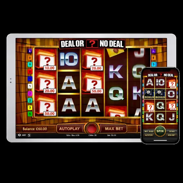 An image of a silver ipad and mobile on a black background, on the screens there are images similar to DEAL OR NO DEAL onsline slot game