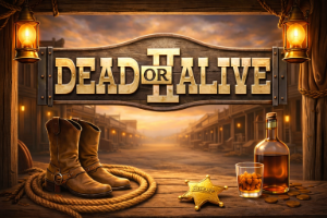An image of a wild west setting with a dusty street fading off and a table with a rope, sheriff badge, bottle and glass of alcohol, boots and a sign saying DEAD  OR ALIVE II