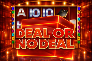 An image of a online slot background with bold text infront of a red box saying DEAL OR NO DEAL in bold red
