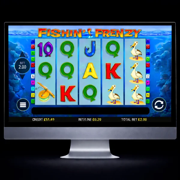 An image of a silver mac monitor on a black background with an onscreen image similar to Fishin' Frenzy