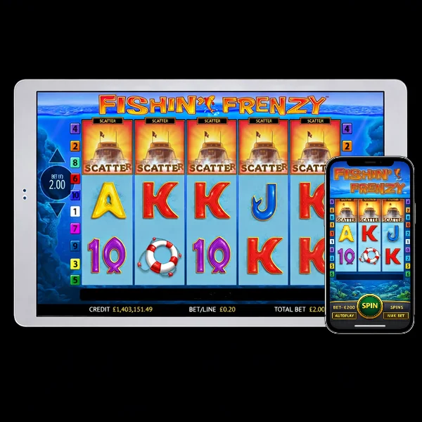 An image of a silver ipad and mobile on a black background with Fishin' Frenzy themed images on both screens