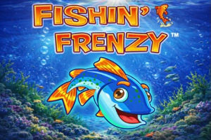 An image of an underwater scene with a giant blue fish and bold orange and yellow text saying FISHIN' FRENZY
