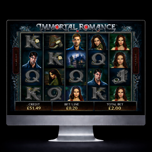 An image of a silver mac monitor on a black background, on the screen is an image similar to the IMMORTAL ROMANCE slot game