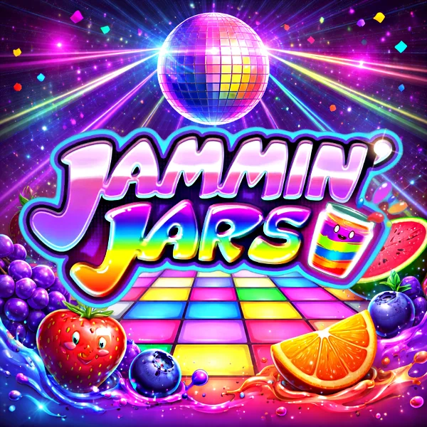 An image that is fun, vibrant and full of colour with fruit, a disco ball and text in the middle saying JAMMIN JARS