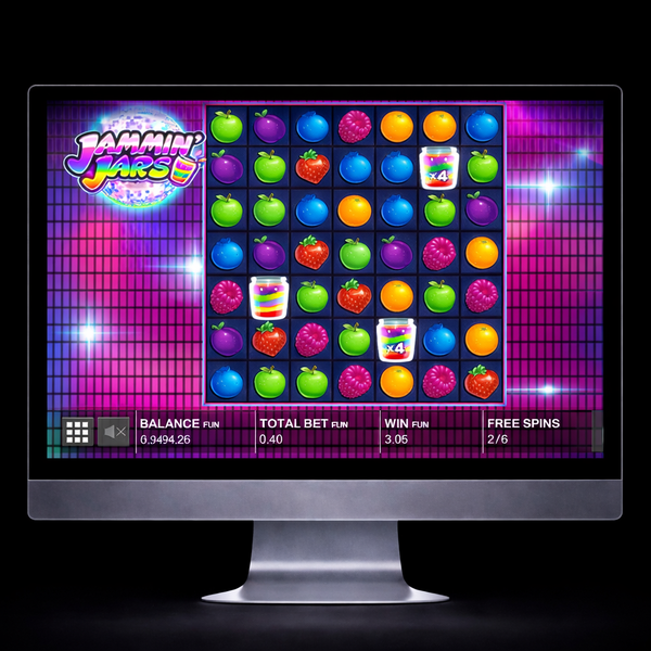 An image of a Mac monitor on a black background, on the screen is a fun, vibrant image similar to JAMMIN JARS online slots