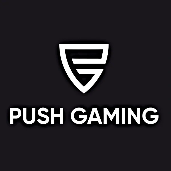 An image with a black background, white text and a logo representing PUSH GAMING