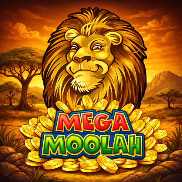 An image of a big lion head, a pile of gold coins, a sunset sahara desert style background and bold text saying MEGA MOOLAH in red and green