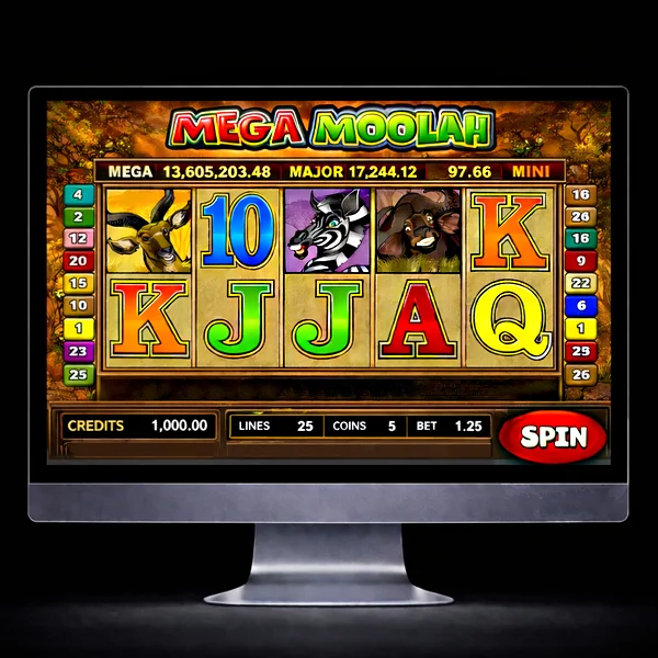 An image of a silver mac monitor on a black background with an onscreen image similar to Mega Moolah online slot game