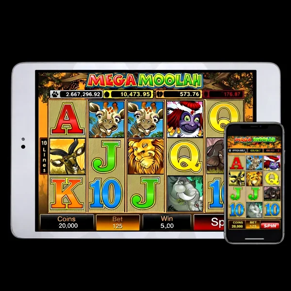 An image of a silver ipad and a mobile phone on a black background both with MEGA MOOLAHonline slot images on the screens