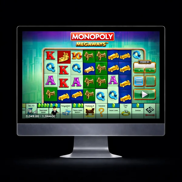 An image of a silver mac monitor on a black background, on the screen is a MONOPOLY MEGAWAYS online slot image