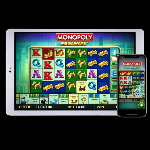 An image of a silver ipad and mobile on a black background, on both screens are MONOPOLGY MEGAWAYS online slot images