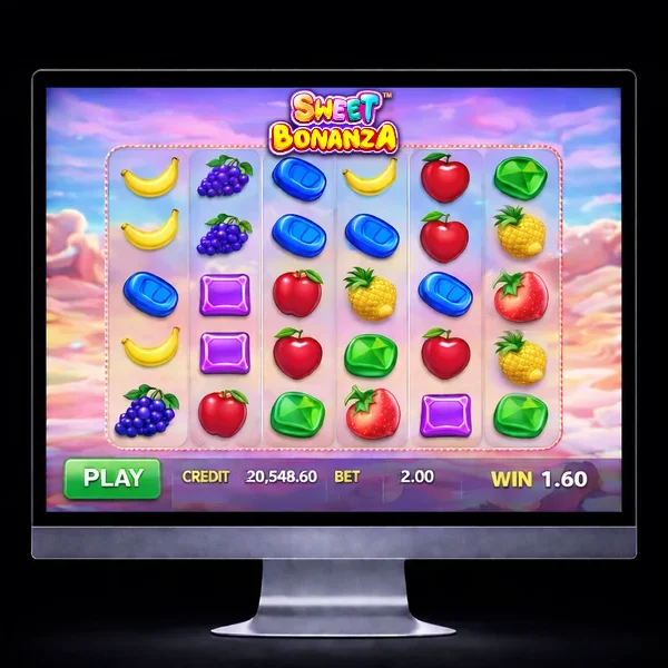 An image of a silver mac monitor on a black background with a SWEET BONANZA themed online slot game image on the screen