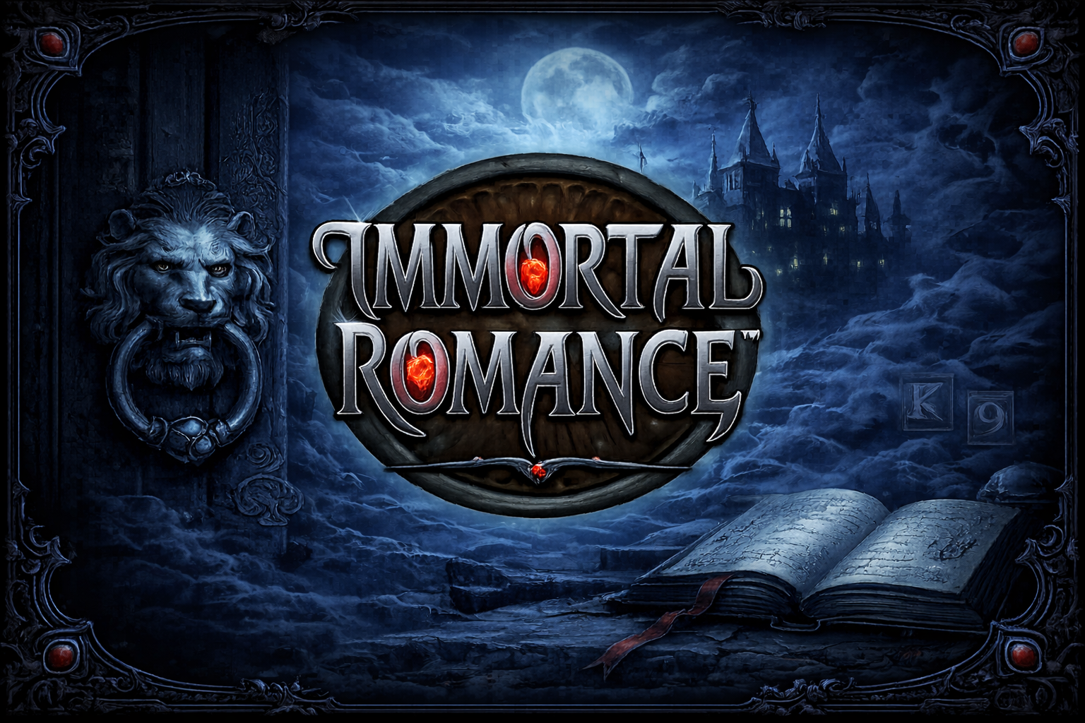 An dark and mysterious background image with a lion knocker, castle, moonlight and old book and the IMMORTAL ROMANCE logo in the centre