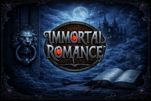 An dark and mysterious background image with a lion knocker, castle, moonlight and old book and the IMMORTAL ROMANCE logo in the centre
