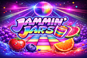 An image that is fun, vibrant and full of colour with fruit, a disco ball and text in the middle saying JAMMIN JARS